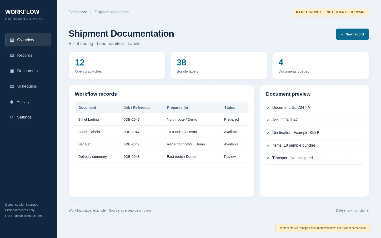Illustrative screen: Job document and dispatch paperwork concept; fictional data; not a real client screenshot