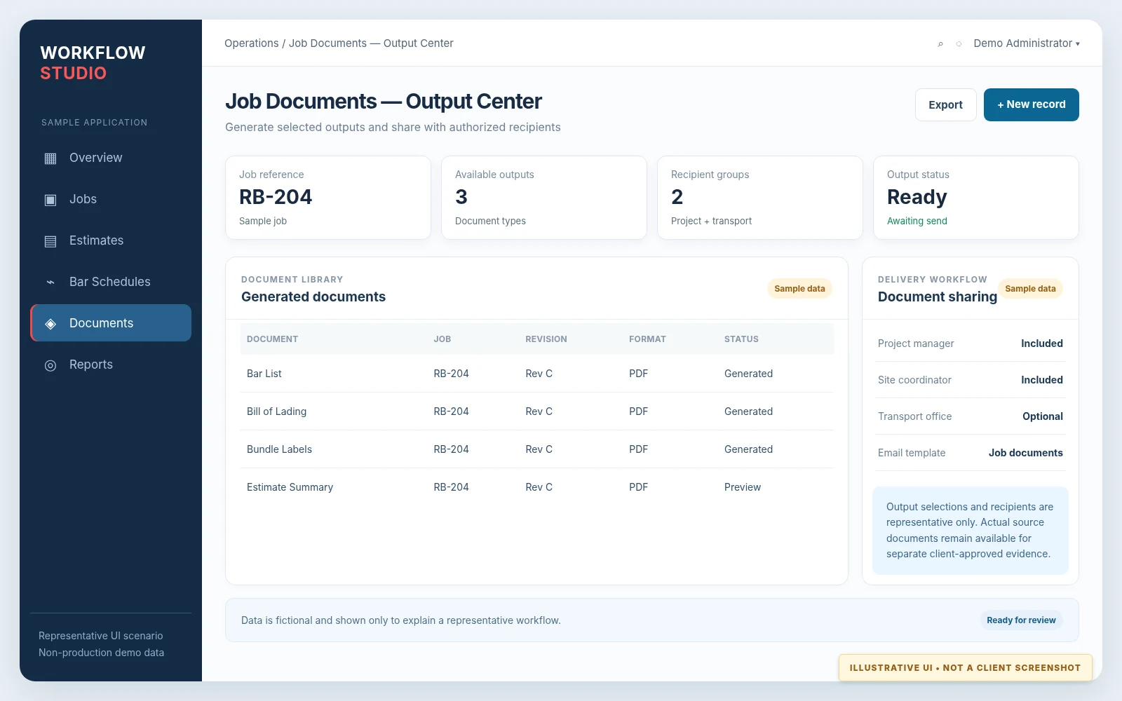 Illustrative interface: generated document workflow example, based on a representative workflow with fictional data