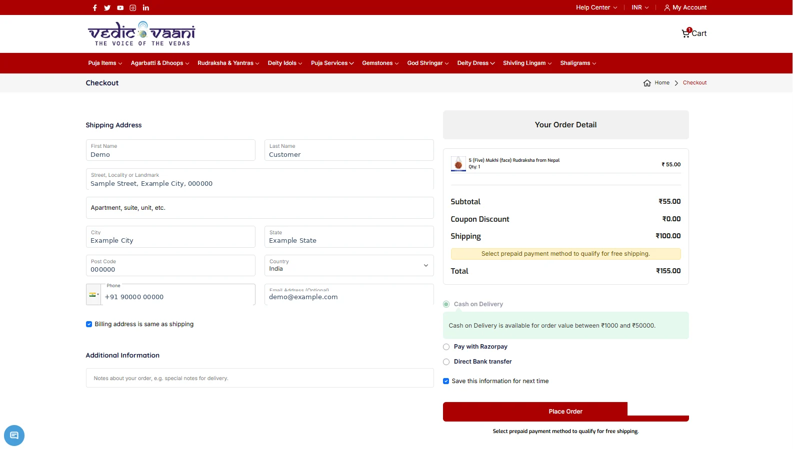 Vedic Vaani checkout page with shipping address, order summary and payment selection