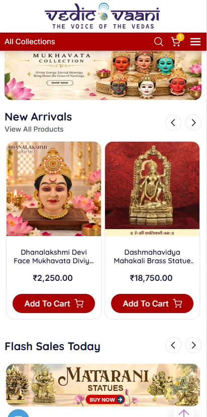 Vedic Vaani mobile store page displaying product cards and cart buttons
